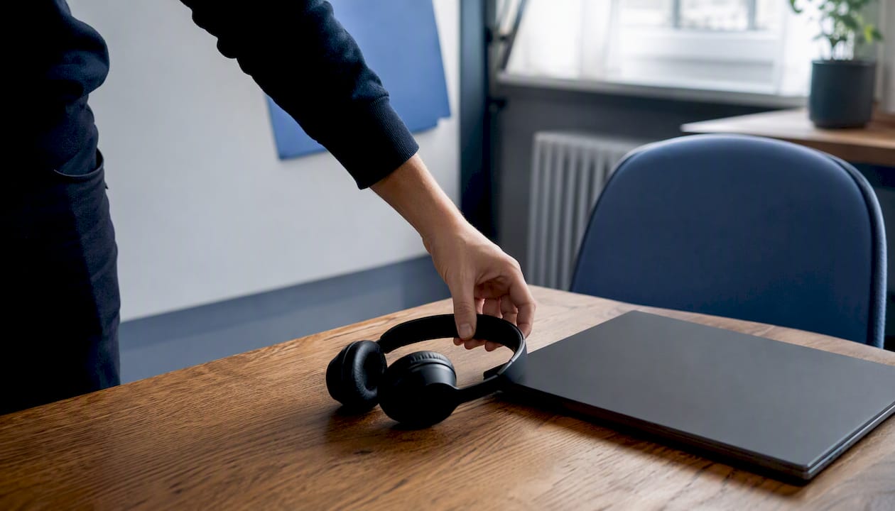Une main dépose un casque audio à côté d’un ordinateur portable.