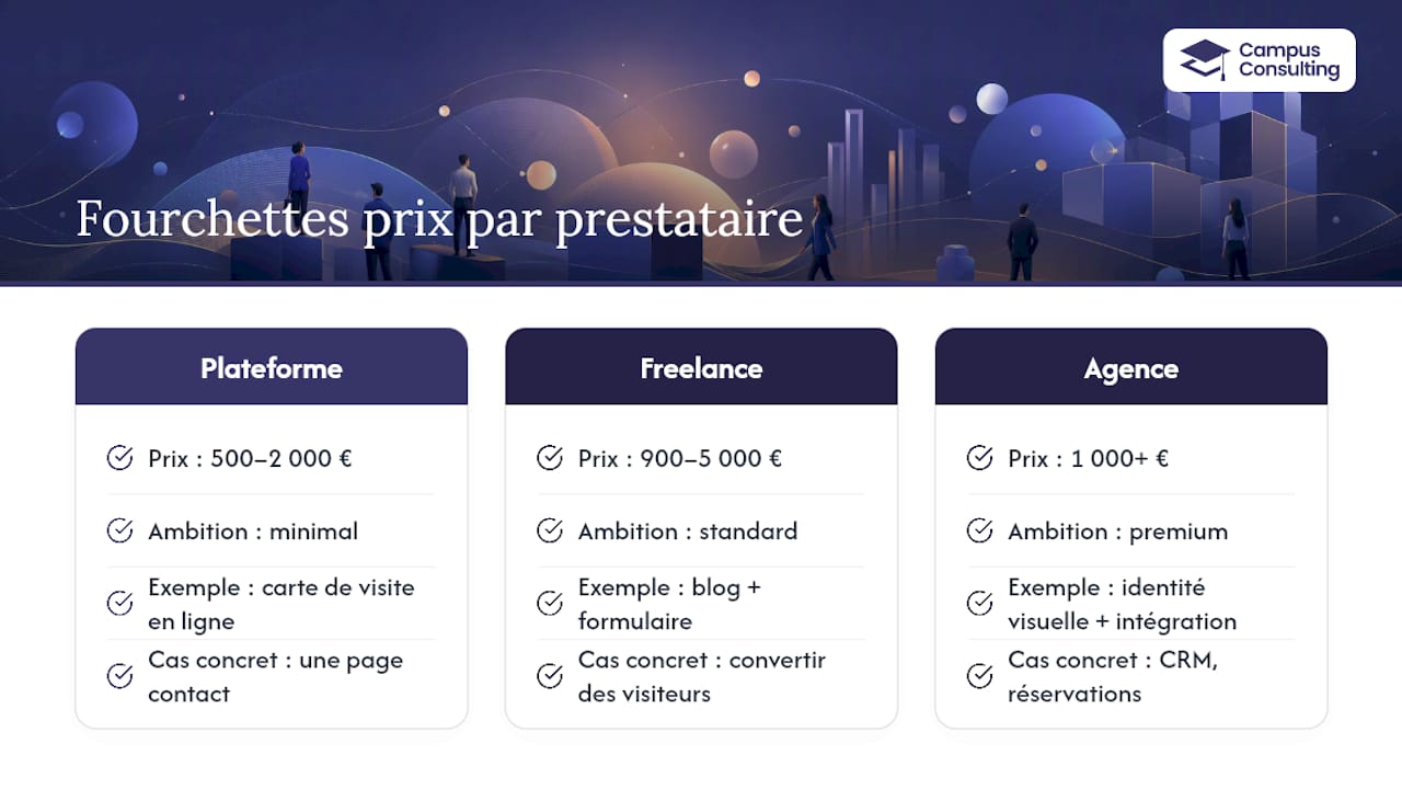 Diagramme comparatif des fourchettes de prix des sites web selon le type de prestataire