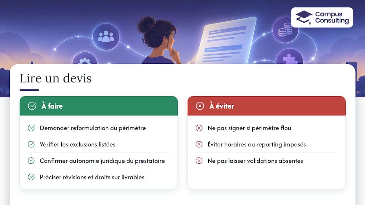 Comment lire un devis : unités, périmètre, autonomie et livrables — overview diagram